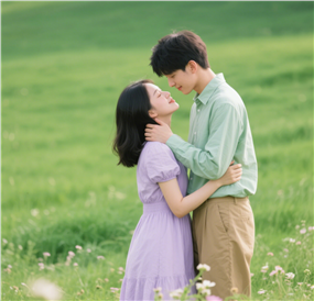 绿色草地深情对望情侣图片